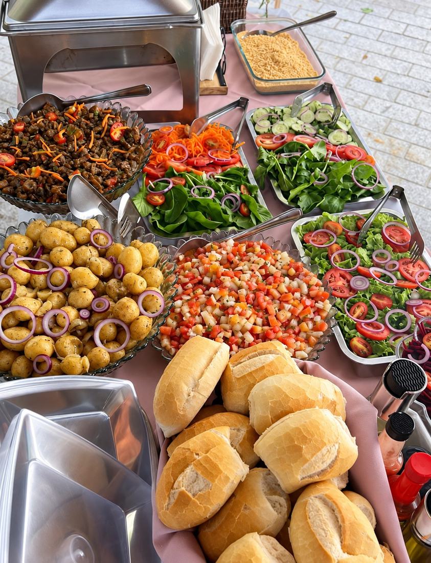 Buffet montado com saladas e pães