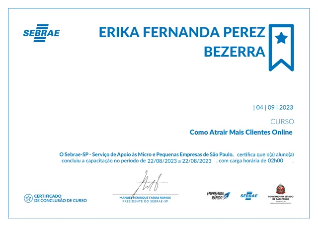 Certificado do curso Como Atrair Mais Clientes Online, emitido pelo Sebrae-SP