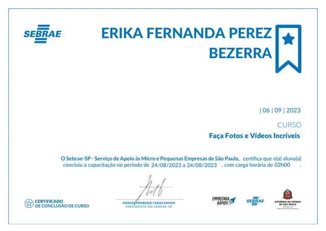 Certificado do curso Faça Fotos e Vídeos Incríveis, emitido pelo Sebrae-SP