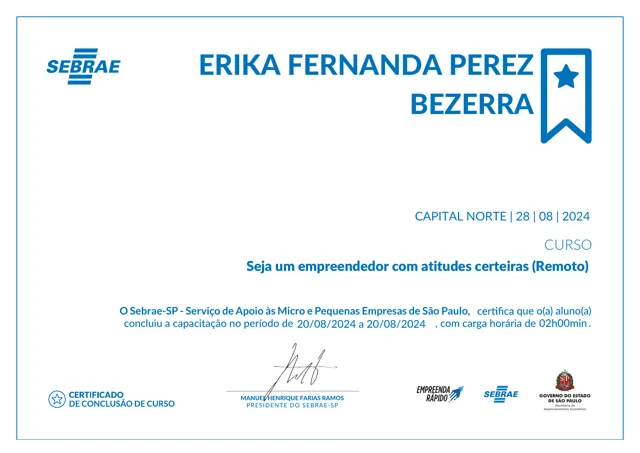 Certificado do curso Seja um empreendedor com atitudes certeiras, emitido pelo Sebrae-SP