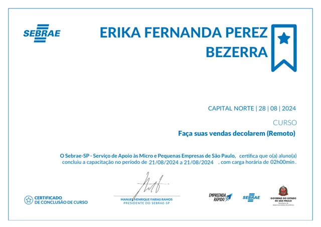 Certificado do curso Faça suas vendas decolarem, emitido pelo Sebrae-SP
