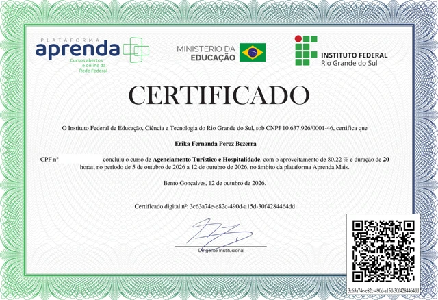Certificado do curso Agenciamento Turístico e Hospitalidade, emitido pelo Instituto Federal do Rio Grande do Sul