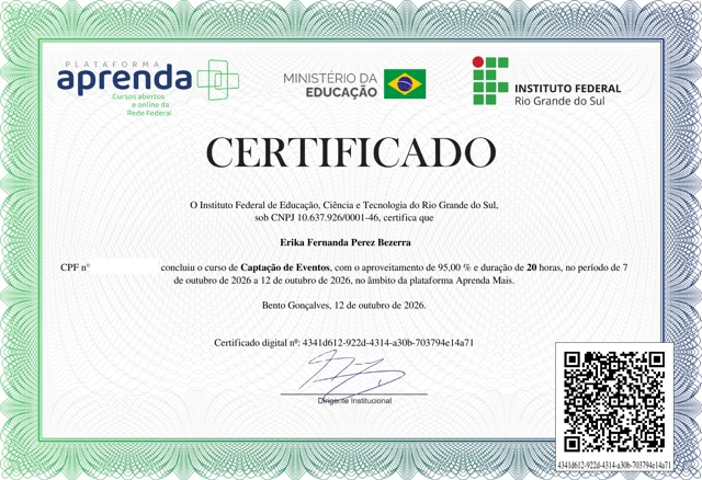 Certificado do curso Captação de Eventos, emitido pelo Instituto Federal do Rio Grande do Sul