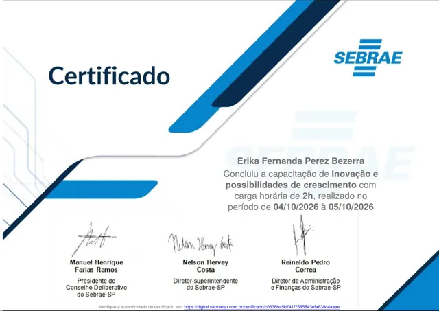 Certificado da capacitação Inovação e possibilidades de crescimento, emitido pelo Sebrae-SP